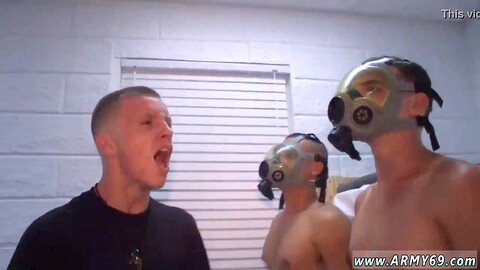 Guy with nice tits shows fresh recruits the ropes in this gay romp